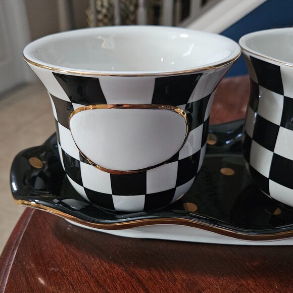 RARE 3 MACKENZIE CHILDS COURTLY CHECK BLACK TIE CERAMIC HERB POT CONTAINER TRAY - Picture 2 of 14